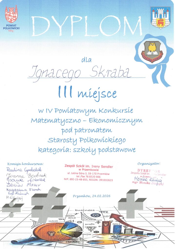 Ignacy Skraba III miejsce w Powiatowym Konkursie Matematyczno-Ekonomicznym