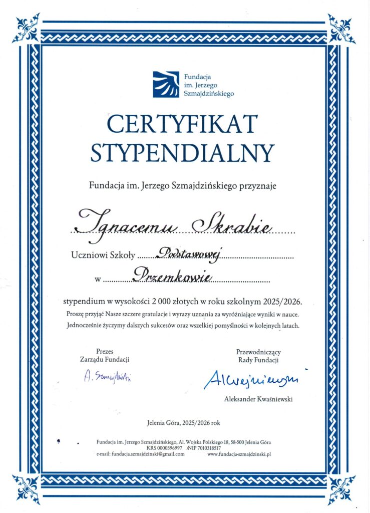 Ignacy Skraba Certyfikat Stypendialny