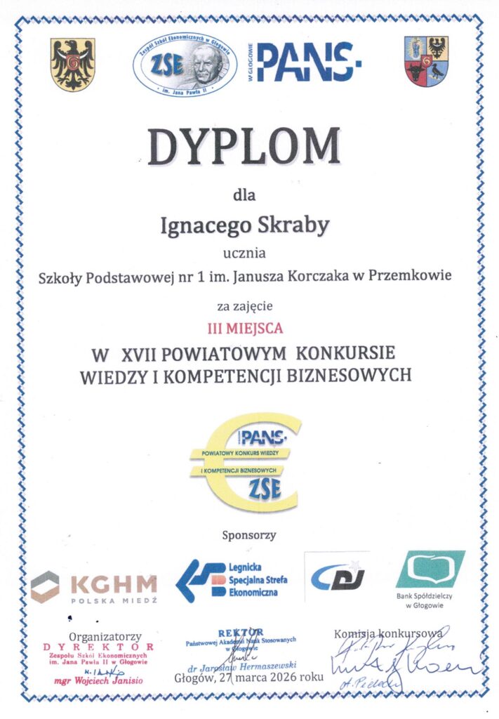 Ignacy Skraba III miejsce indywidualnie w Powiatowym Konkursie Wiedzy i Kompetencji Biznesowych 2026