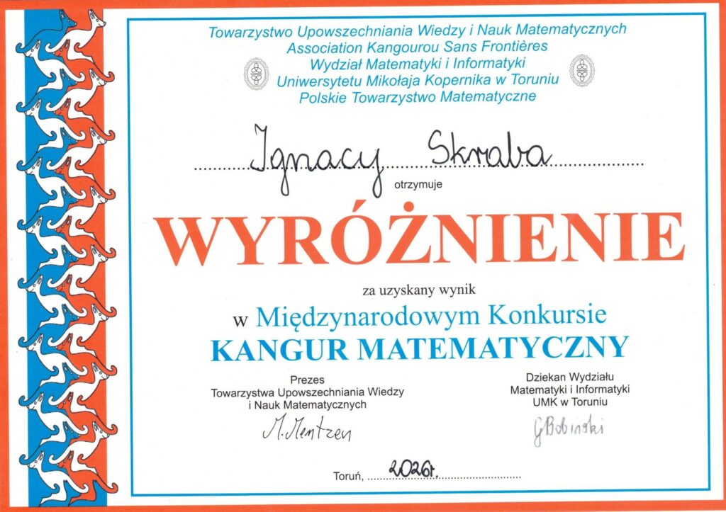Ignacy Skraba Wyróżnienie w Kangurze Matematycznym 2026