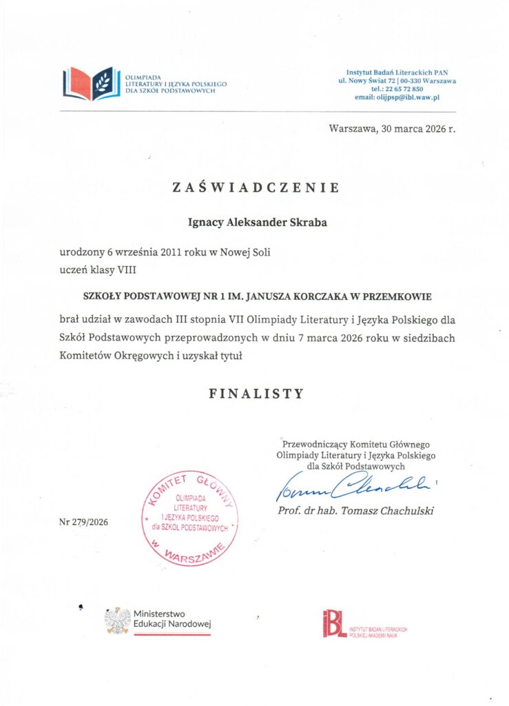 Ignacy skraba Finalista Olimpiady Literatury i Języka Polskiego 2026