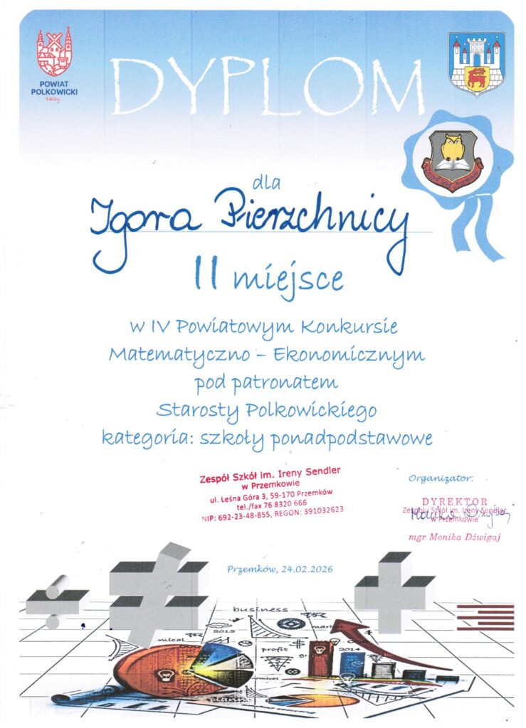 Igor Pierzchnica II miejsce w IV Powiatowym Konkursie Matematyczno-Ekonomicznym 2026