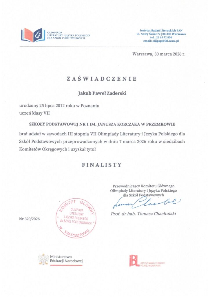 Jakub Zaderski Finalista Olimpiady Literatury i Jezyka Polskiego 2026