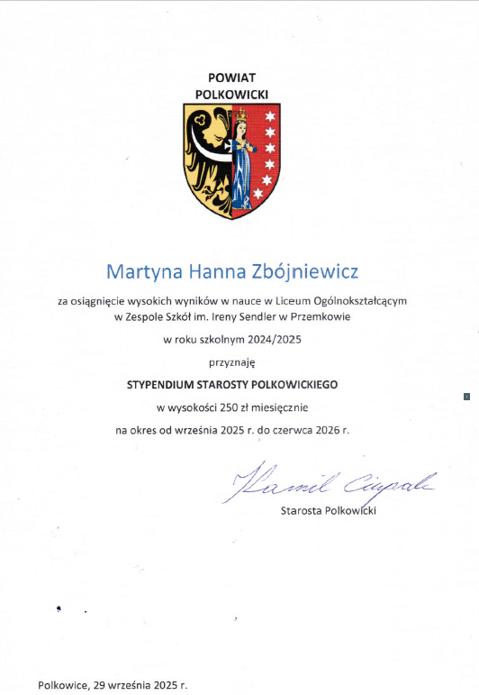 Martyna Zbójniewicz Stypendium Starosty Polkowickiego 2026