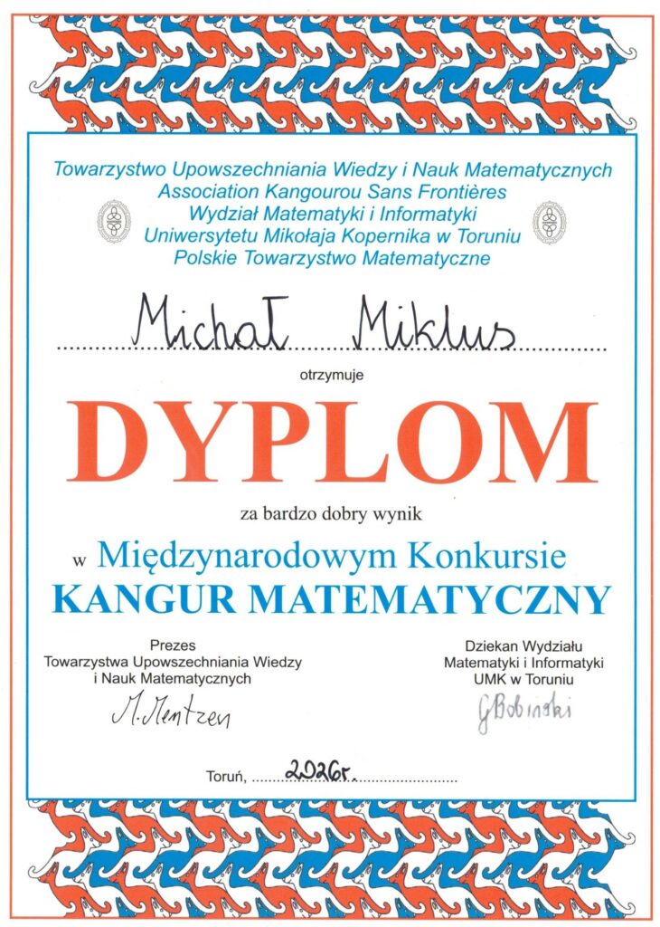 Michał Miklus Bardzo dobry wynik w Kangurze Matematycznym 2026