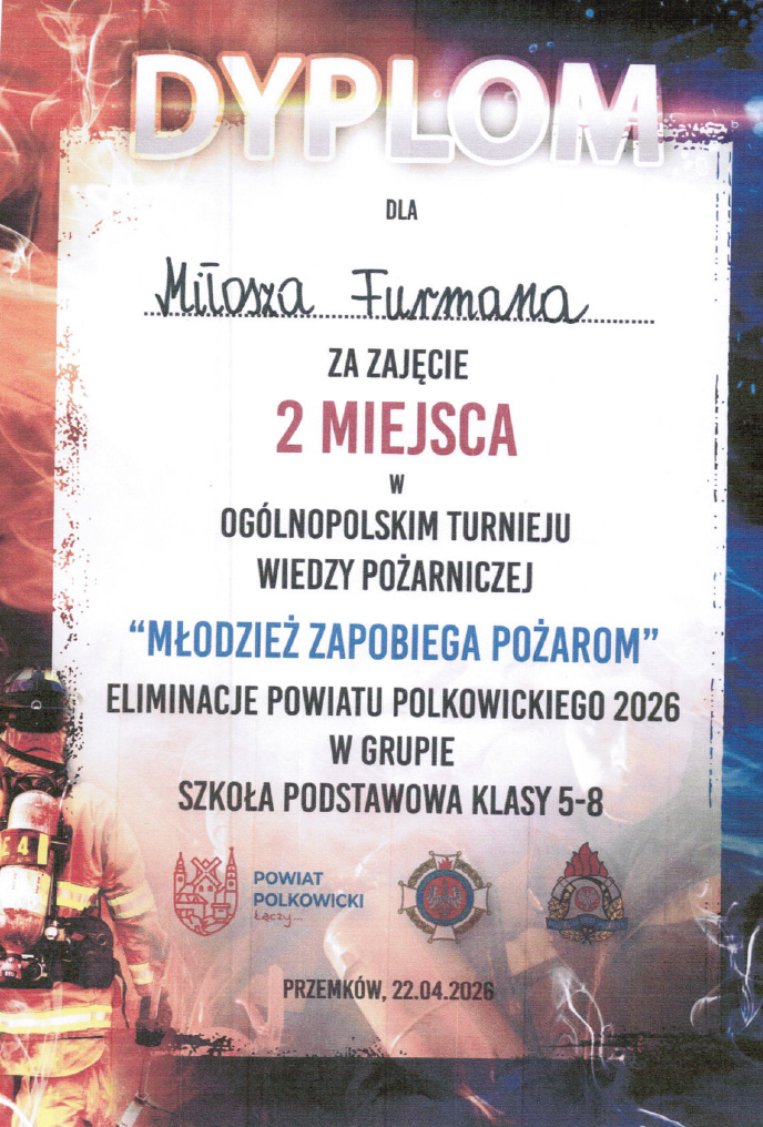 Miłosz Furman II miejsce w Powiatowym Turnieju Wiedzy Pożarniczej 2026
