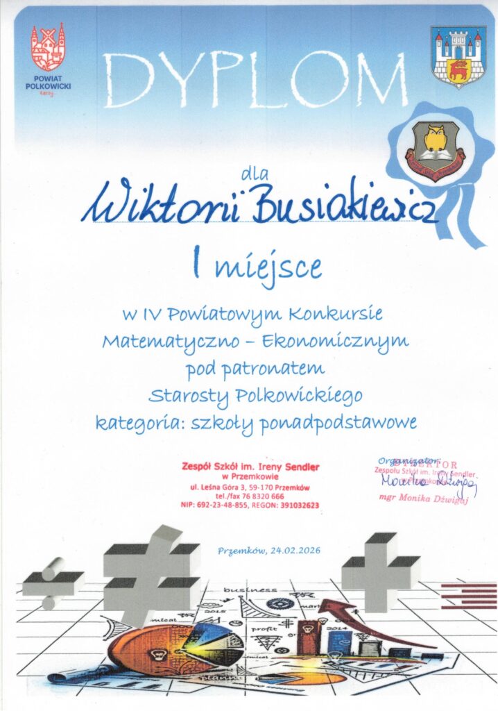 Wiktoria Busiakiewicz I miejsce w IV Powiatowym Konkursie Matematyczno-Ekonomicznym
